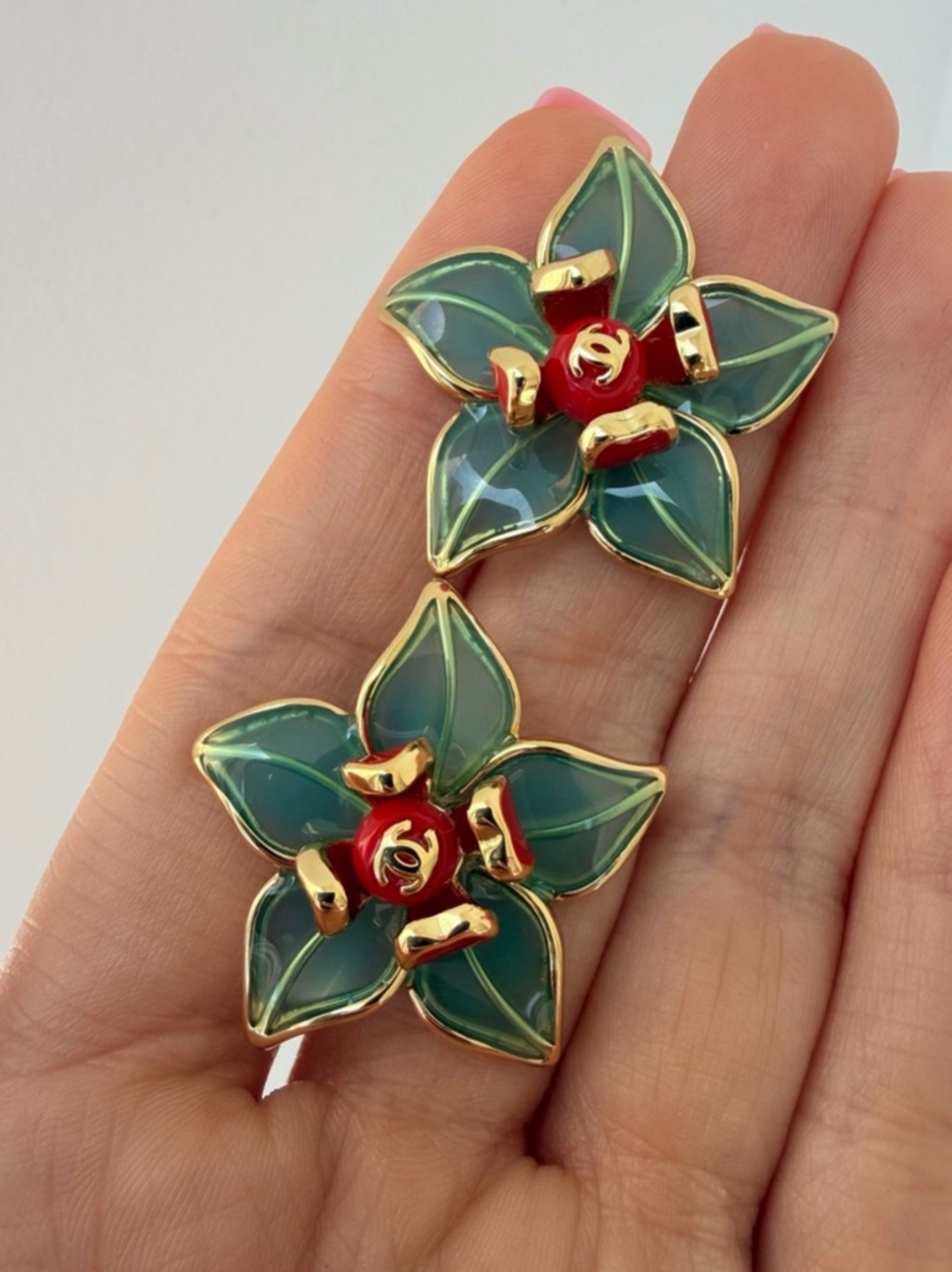 Chanel Flower Pendant Earrings Green & Gold